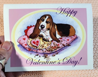 Valentine's Day Cards Sweet Happy Puppy Basset Hound Art, Five lovely designs, Two of each, a 10 card set Free Shipping