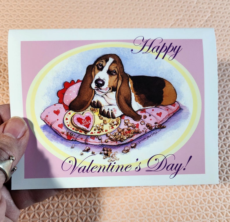 Valentine's Day Cards Sweet Happy Puppy Basset Hound Art, Five lovely designs, Two of each, a 10 card set Free Shipping image 1