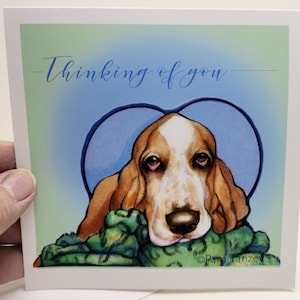 Basset Hound Fun Dog Art, Thinking of You Greeting Cards, Ten Cards Five different sweet designs, Free Shipping