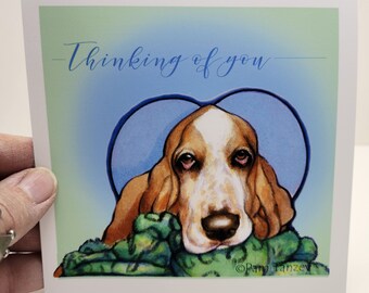 Basset Hound Fun Dog Art, Thinking of You Greeting Cards, Ten Cards Five different sweet designs, Free Shipping