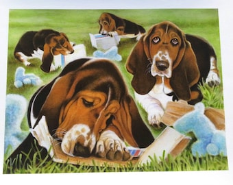 Basset hound pup limited edition giclee Large print Free Shipping great family fun gift Basset lovers