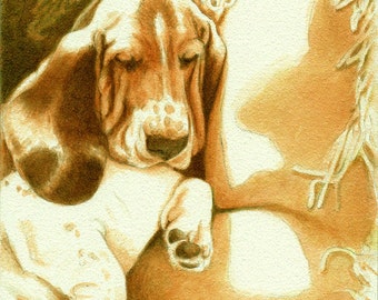 People's Choice Canine Art Show winner "My Favorite Spot" Free Shipping Basset Art Print plus Free Matching Card