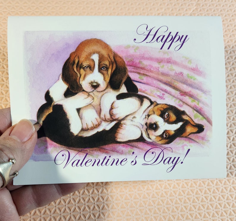 Valentine's Day Cards Sweet Happy Puppy Basset Hound Art, Five lovely designs, Two of each, a 10 card set Free Shipping image 2