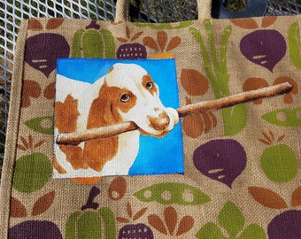 Jute Tote Bag with Custom painted acrylic pet portrait from your photo. Great gift idea, Free shipping.