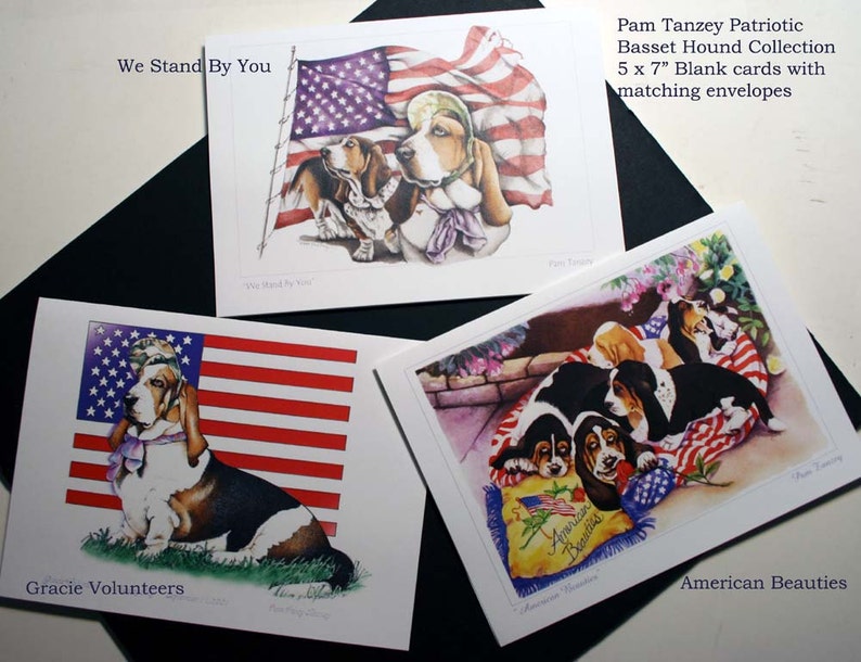 Basset Hound Patriotic 3 card Collection by Pam Tanzey Free Shipping image 1