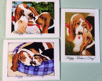 Mother's Day Basset Hound Sweet Mommy and Puppy cards, Six Adorable Cards, Three Sweet Designs, Two of each Design Free Shipping