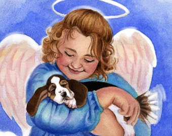 Basset Puppy In The Arms of Her Angel Giclee thoughtful Memorial Art Free Matching Card