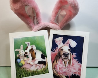 Bassets in Easter Bunny Ears Six Sweet Fun Cards Two Happy Designs Three of each One Free Shipping