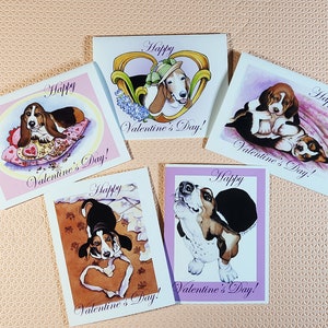 Valentine's Day Cards Sweet Happy Puppy Basset Hound Art, Five lovely designs, Two of each, a 10 card set Free Shipping image 6