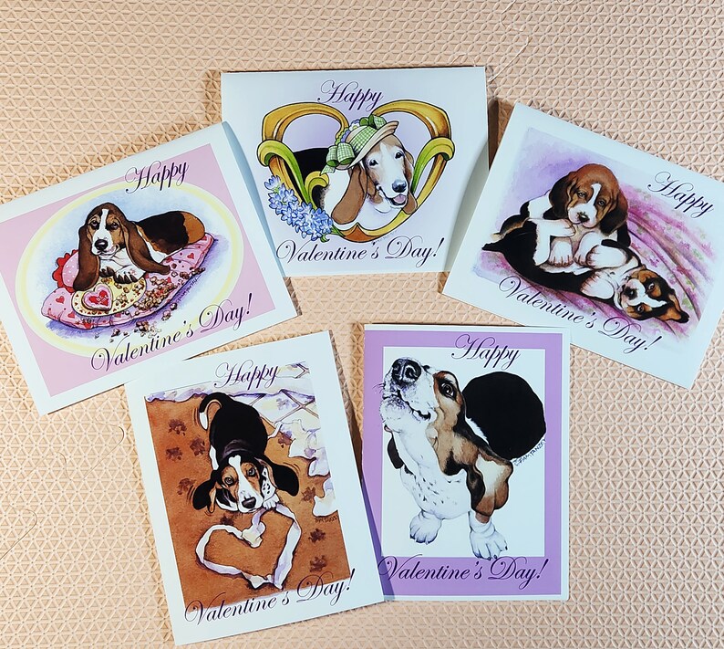 Valentine's Day Cards Sweet Happy Puppy Basset Hound Art, Five lovely designs, Two of each, a 10 card set Free Shipping image 6