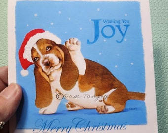 Christmas Cards Cute Sweet Basset Puppies Wishing You Joy and Peace 6 Fun Designs Two of each, 12 Square Cards