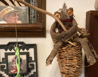 Frog on the Shelf, Handmade Upcycled Doll