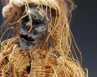 Art Doll,  Woven Fiber Art Sculpture, Hairy Clayfoot Girl, Mustard Bone and Charcoal