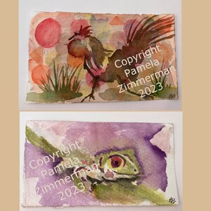 Original Watercolor Note Cards Handpainted Animals, Rooster, Lizard, Blank Inside