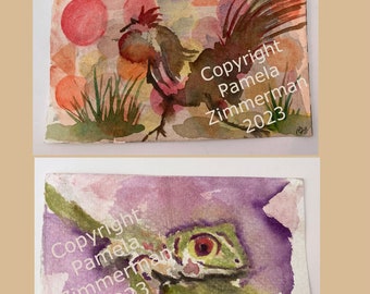 Original Watercolor Note Cards Handpainted Animals, Rooster, Lizard, Blank Inside