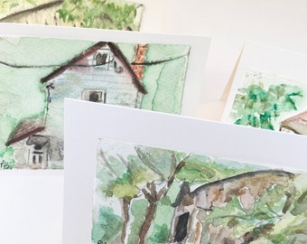 Farmhouses and Barns Original Watercolor Note Cards with Hand Painted Rustic Buildings, Blank Inside