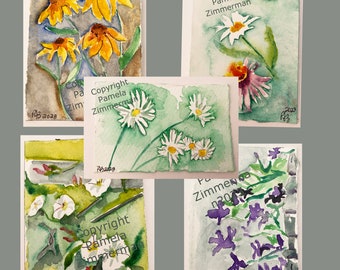 Original Watercolor Note Cards with Hand Painted Flowers, Blank Inside