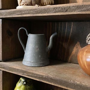 May include: A small, gray metal watering can with a curved handle and spout sits on a wooden shelf. The shelf is part of a rustic, wooden display case. Other decorative items, including a bird figurine and a carved owl, are also visible.