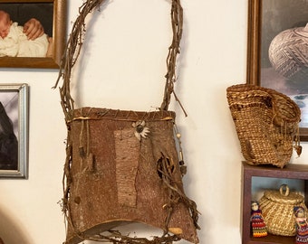 Large Bark Basket with Twisted Vine Handle and Natural Beads