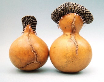 Gourd Art Couple, Coiled Horsehair Gourds, OOAK, Unique and Unusual, Beaded Gourds, Whimsical Home Decor