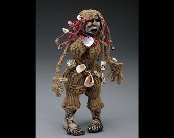 Art Doll,  Woven Fiber Art Sculpture, Umang Umang, Shell Clayfoot Girl, Khaki and Cedar military green