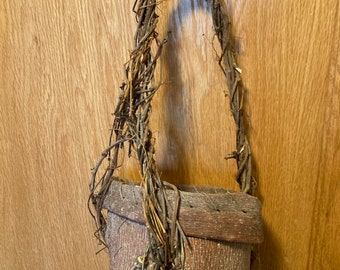 Large Bark Basket with Twisted Vine Handle and Natural Wood Beads