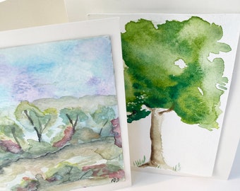 Trees Original Watercolor Note Cards with Hand Painted Trees, Blank Inside