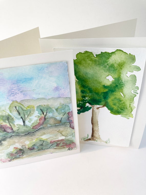 Watercolor Notecards, 4 Blank Notecards With Nature Scenes, 4-1/2 by 5-1/2  Tree and Floral Watercolor Cards With Envelopes, Pack 15 