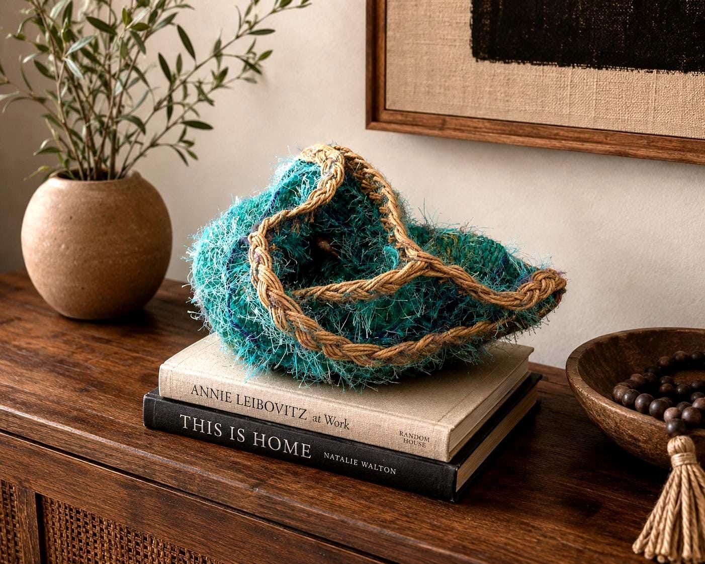 Woven Fiber Art Basket: Blue Aqua Brown Sculpture, Stoneware Clay Base