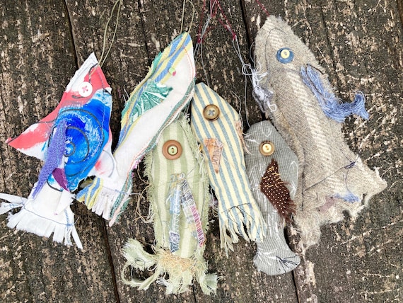 Fish Ornament, Recycled Cloth Plush Fish with Button Eyes