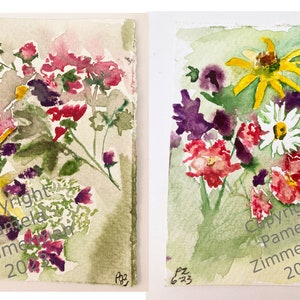 May include: Two watercolor paintings of flower bouquets. The first painting features a yellow sunflower, pink and purple flowers, and green leaves on a light brown background. The second painting features a yellow sunflower, a white daisy, pink and purple flowers, and green leaves on a light green background. Both paintings have the text "Copyright Pamela Zimmerman 2023" in the bottom right corner.