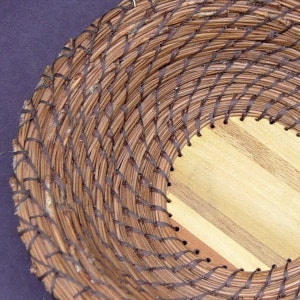 Pine Needle Basket Wood Parquet Bottom, Coiled Basket, Brown