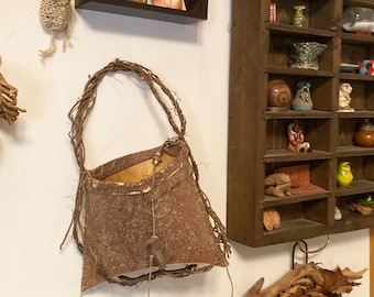 Medium Bark Basket with Twisted Vine Handle and Natural Wood Beads