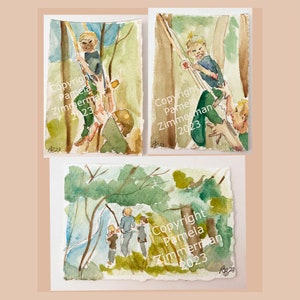 May include: Watercolor paintings depicting children playing outdoors. One painting shows a child swinging from a rope, while another shows a group of children and adults walking in a forest. The text "Copyright Pamela Zimmerman 2023" is visible.
