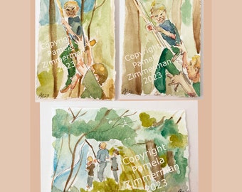 Summertime Kid Scenes Original Watercolor Note Cards Handpainted , Blank Inside