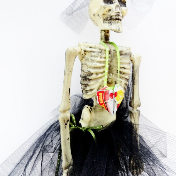 Dressed Skeleton Miss Otis Regrets, Skeleton with Tutu, Goth Wedding, Halloween Decoration, Ballerina Skeleton Doll, Heart Red Black White