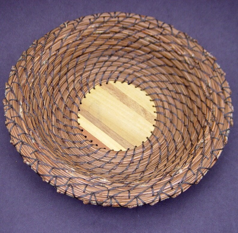 Pine Needle Basket Wood Parquet Bottom Coiled Basket Brown Etsy