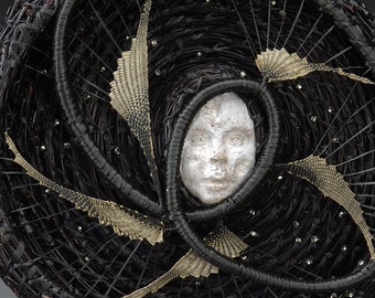 Woven Wall Hanging, Moon Wall Sculpture, Pine Needle Basket - Catching The Moon Asymmetry