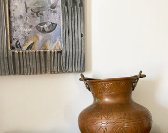 Vintage Brass Urn with Handle, Primitive Handworked Metal Bucket