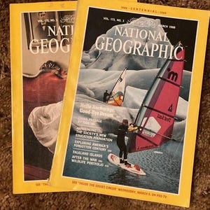 2 old National Geographic magazines, 1988, 1989