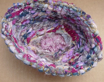 Coiled Basket , Pink Pachyderm, Upcycled ,Fibers , Textile, Recycled, Elephant