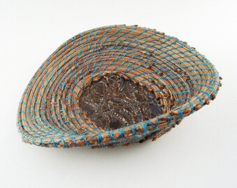 Pine Needle Basket Murky Blue Lagoon, Brown, Coiled, Pottery, Asymmetrical, Wonky Wild Pine Needle Basket by Pamela Zimmerman