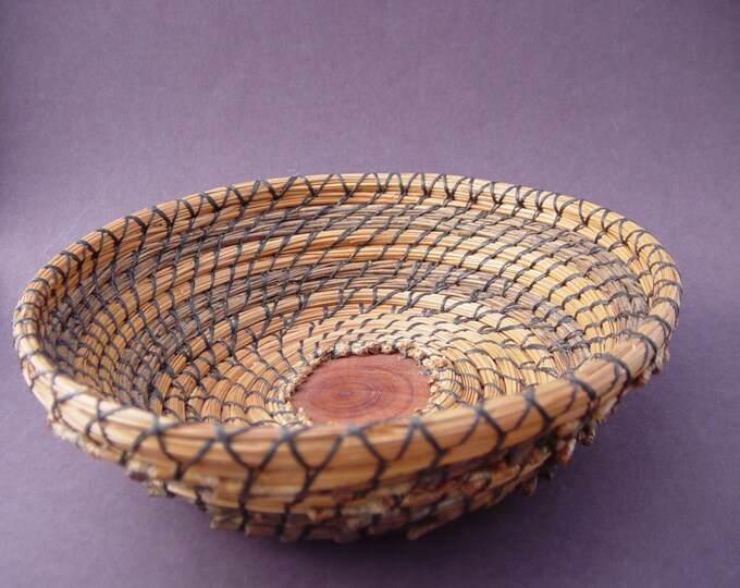 Basket Bowl Pine Needle and Walnut Stem With Wooden Base Etsy