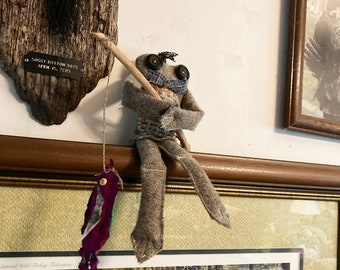 Gray Frog on the Shelf, Handmade Upcycled Doll