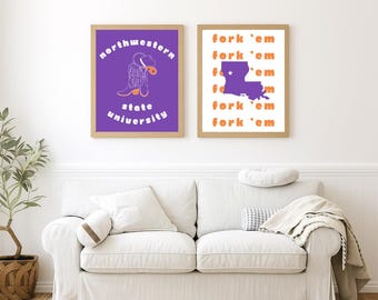 Northwestern State University Digital Prints Set of 2, NSU Posters, Fork &#39;Em, Decor Wall Art, Dorm Prints, Dorm Decor, NSU Dorm