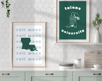 Tulane University Digital Prints Set of 2, Tulane Posters, Roll Wave, Decor Wall Art, Dorm Prints, New Orleans, Dorm Decor, Tulane Dorm