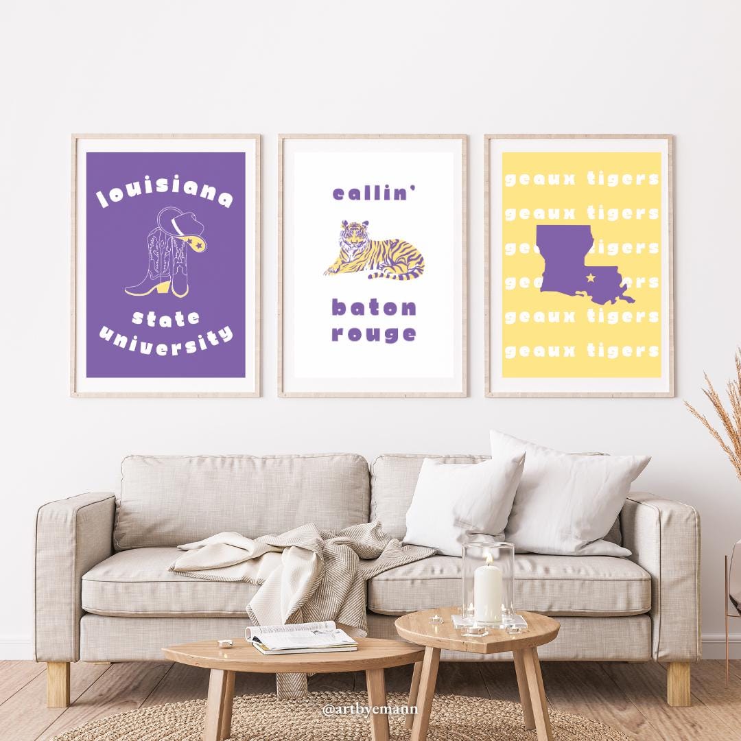 Louisiana State University Digital Prints Set of 3, LSU Posters, Geaux Tigers, Decor Wall Art, Dorm Prints, Callin' Baton Rouge, Dorm Decor