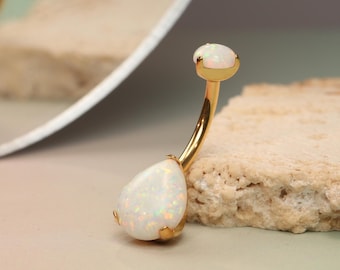 G23 Gold Belly Button Ring 14G (10mm) Prong Set Double Round/Drop Opal Navel Piercing Ring