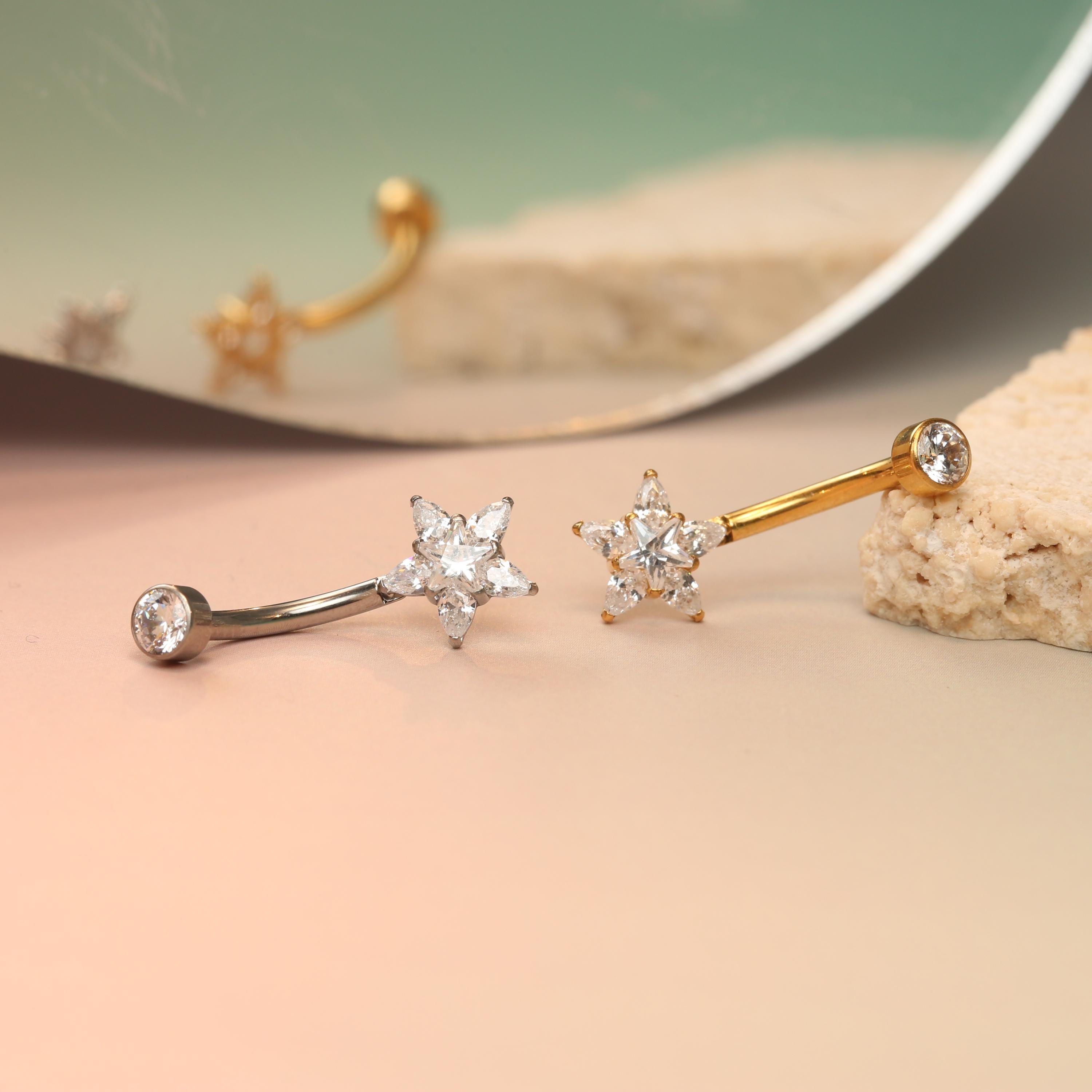 G23 Beautiful Five-pointed Star Zircon Belly Button Ring Belly Button Jewelry Floating Belly Button Ring 14G Belly Button Piercing 10mm