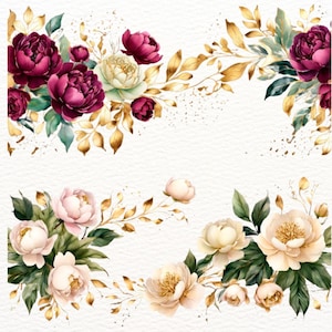 Molduras e bordas de flores de peônia PNG – 47 peônias bordô, rosa e brancas, clipart floral, casamento de peônia, buquê de peônia em aquarela